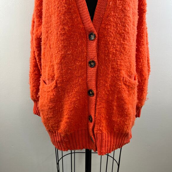 Free People Orange Snow Drop Knit Button-Up Oversized V-Neck Cardigan Sweater S - Picture 3 of 8